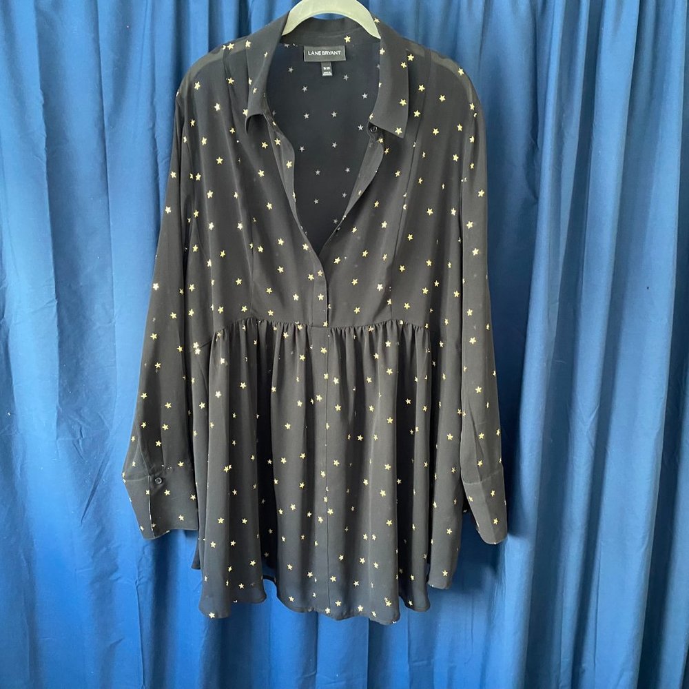 NWOT- LANE BRYANT polyester blouse Black with Gold Stars-plus size